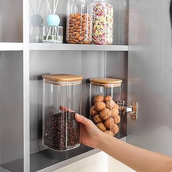アンティーク　ガラス製四角い保存容器 蓋付き Amazon｜Vandroop ガラス キャニスター 保存容器 木製蓋付き